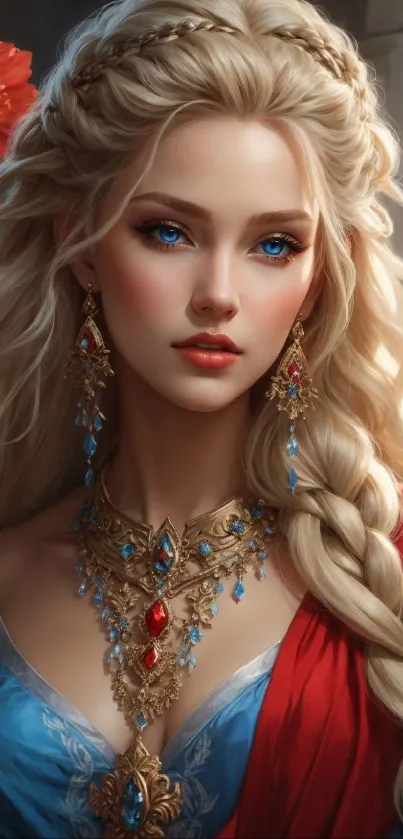 Elegant medieval princess with braided hair and intricate jewelry.