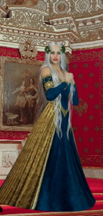 Elegant medieval princess in ornate red chamber.