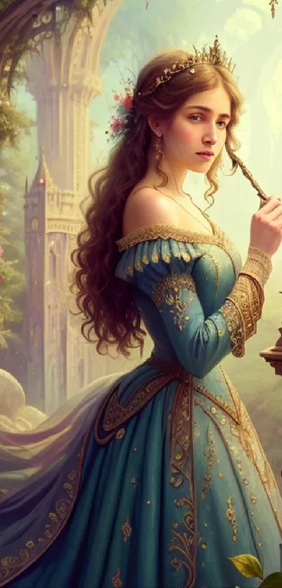 Medieval princess in an ornate blue-green dress, holding a flute in a fantasy castle setting.