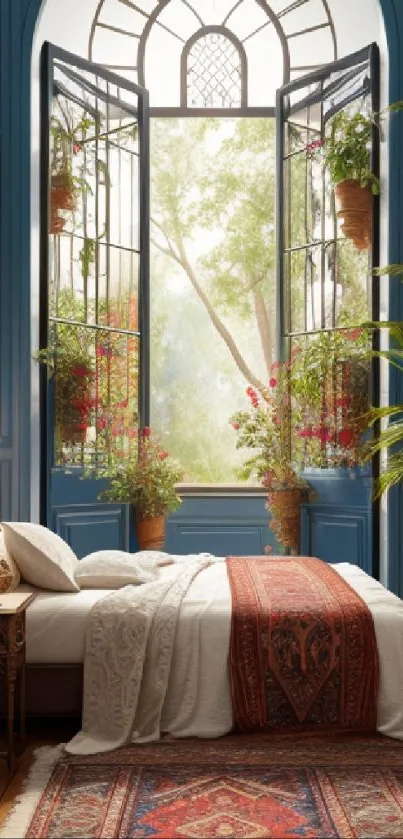 Mediterranean bedroom with open windows and lush greenery.