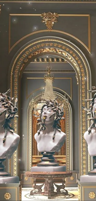 Elegant wallpaper with Medusa busts in a lavish golden setting.