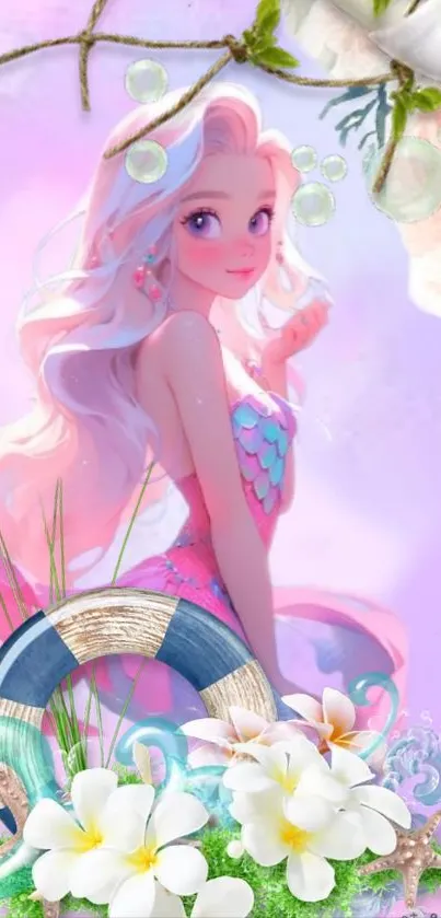Fantasy mermaid artwork with pink hues and ocean elements.