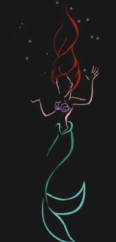 Elegant mermaid outline on black background with vibrant colors.