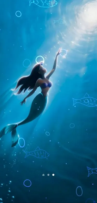 Graceful mermaid in luminous blue sea, surrounded by fish and light.