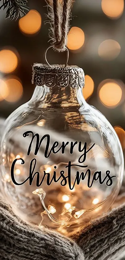 Merry Christmas ornament with lights and bokeh background.