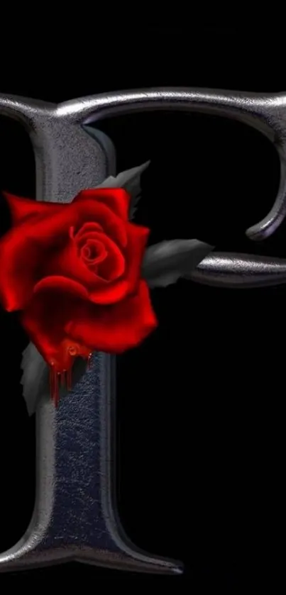 Metallic letter F with red rose on black background.