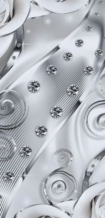 Elegant wallpaper with metallic swirls, white roses, and gems.