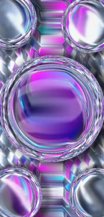 Metallic abstract wallpaper with purple hues and circular reflections.