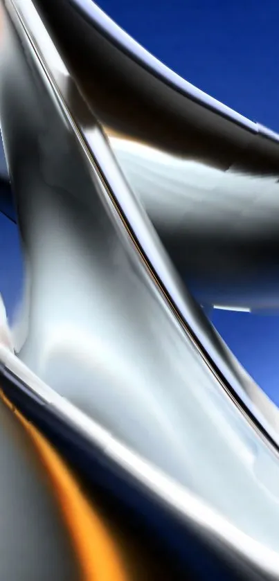 Metallic abstract wallpaper with glossy blue curves and a sleek design.