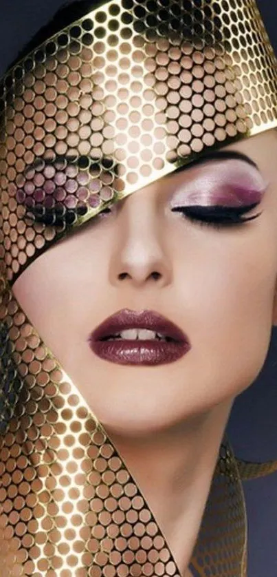 Sophisticated gold mesh design on woman's face portrait wallpaper.