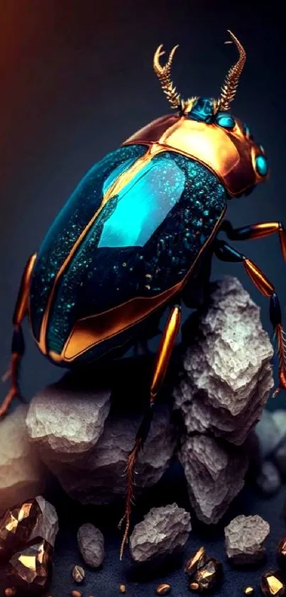 Elegant metallic beetle on textured rocks with blue and gold tones.