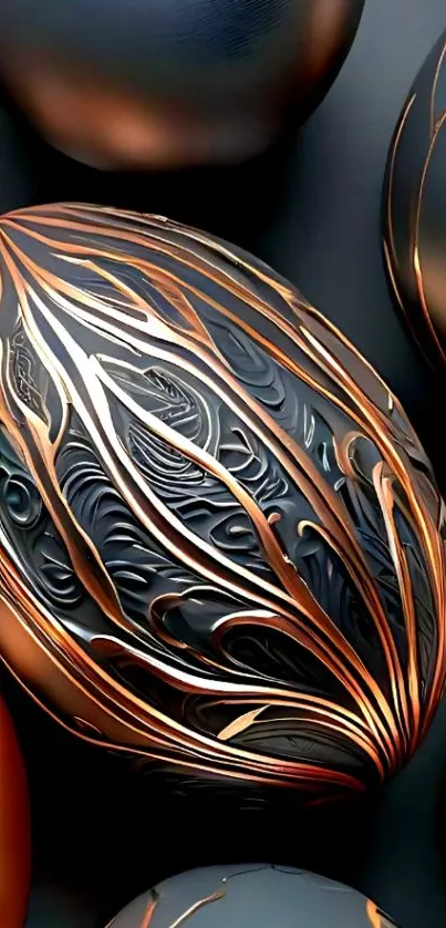 Intricate black and gold metallic egg design wallpaper.