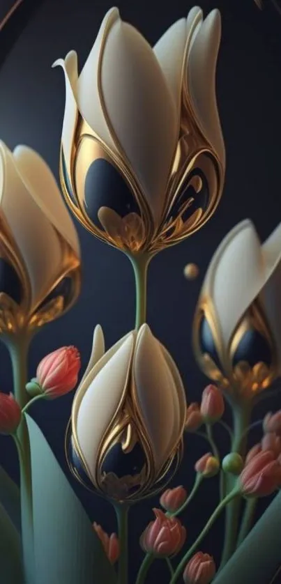 Elegant metallic tulips with gold accents on a black background.