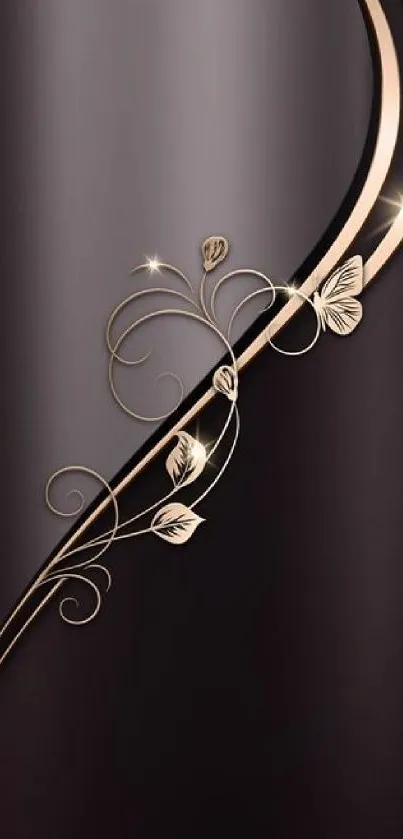 Elegant mobile wallpaper with metallic floral design on a dark background.