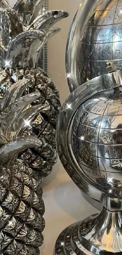 Metallic globe with pineapple sculptures in silver tones.