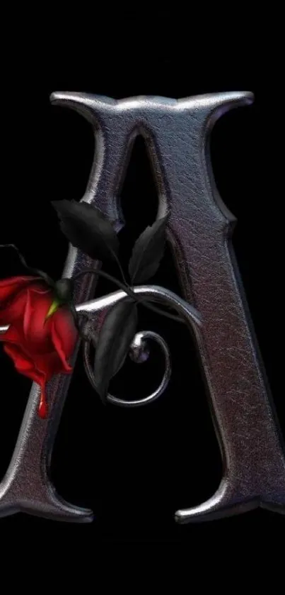 Metallic letter A with red rose on black background.