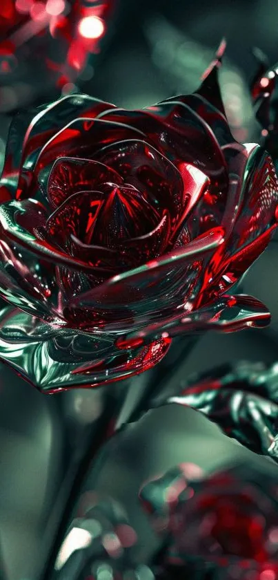 Close-up of a glossy red metallic rose with dark tones.