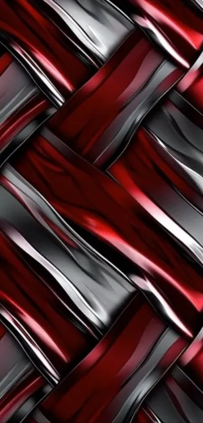 Red and silver metallic weave wallpaper with sleek design.