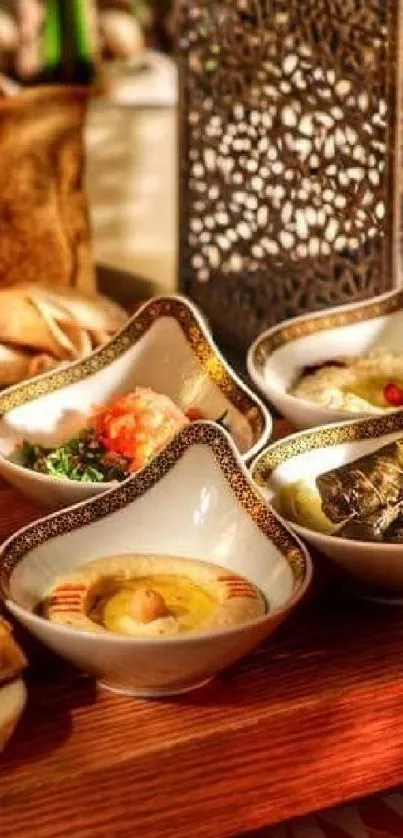 Middle Eastern feast with lanterns on a wooden table.