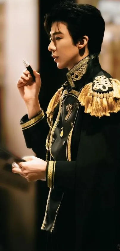 Elegant figure in ornate military attire with gold accents.