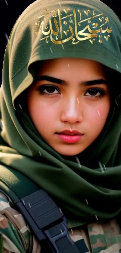 Woman in military uniform with olive hijab, confident expression.