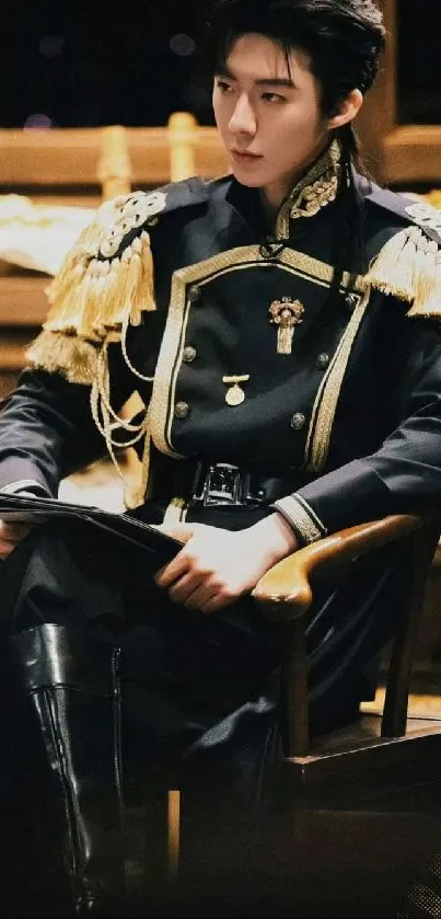 Elegant military-style portrait with black and gold attire in a chair.