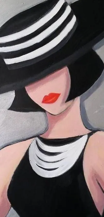 Elegant minimalist art wallpaper with a chic figure, black hat, and red lips.