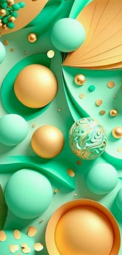 Mint and gold abstract geometric wallpaper with elegant 3D shapes.