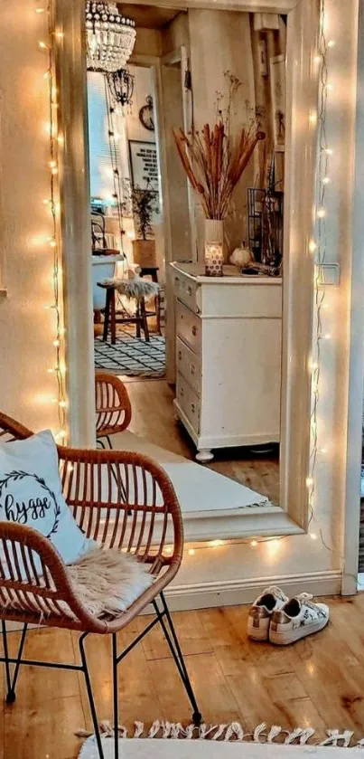 Cozy room with elegant mirror and fairy lights reflecting warmth.