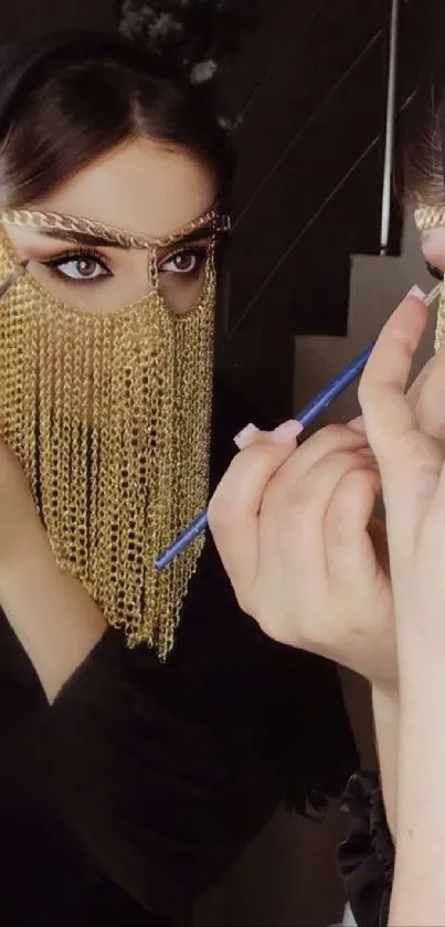 Woman with chain veil and makeup brush in artistic reflection.