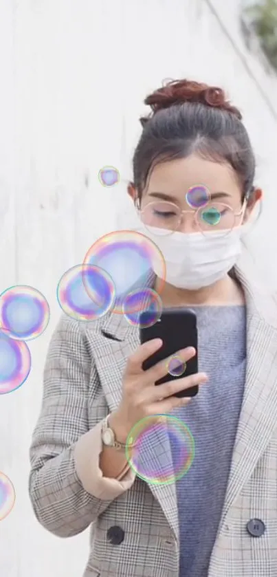 Woman in mask using phone with bubbles floating.