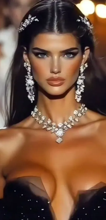 Elegant model wearing stunning jewelry in a fashion setting.