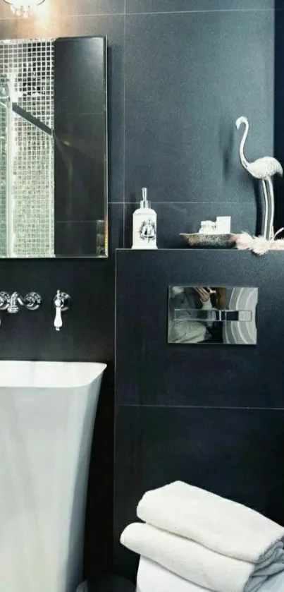 Modern dark gray bathroom with sleek design and elegant decor.