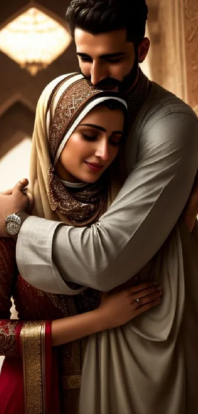 Elegant couple in traditional clothing embrace under arches, warm ambiance.