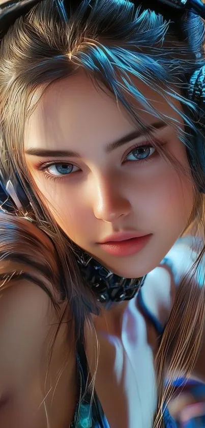 Elegant portrait with headphones featuring vibrant colors.