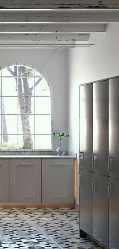 Modern kitchen with white cabinets and geometric floor tiles.