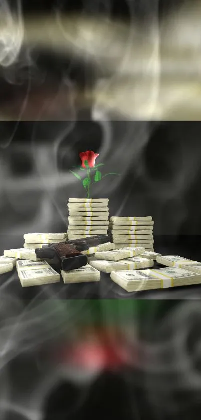 Stacks of money with a red rose and smoke on black background.