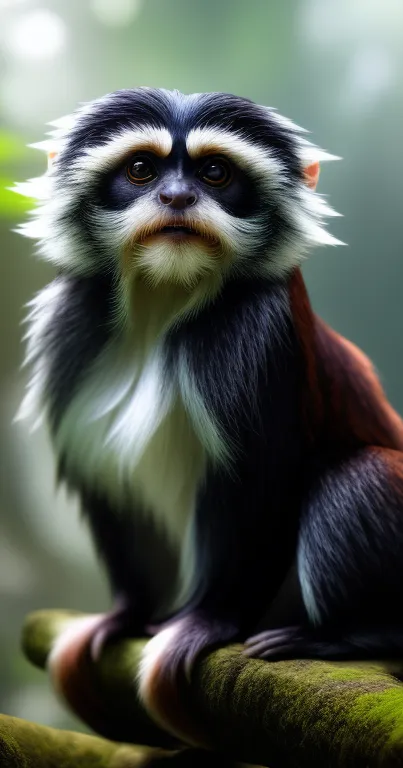 A striking monkey perched in a lush green jungle setting.