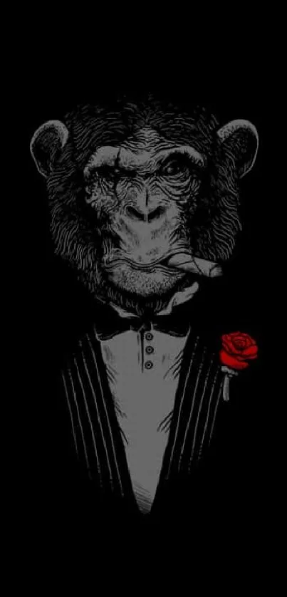 Elegant monkey in a tuxedo with red rose.