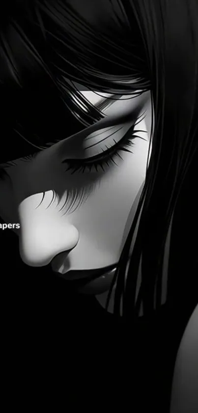 Monochrome anime portrait in black and white.