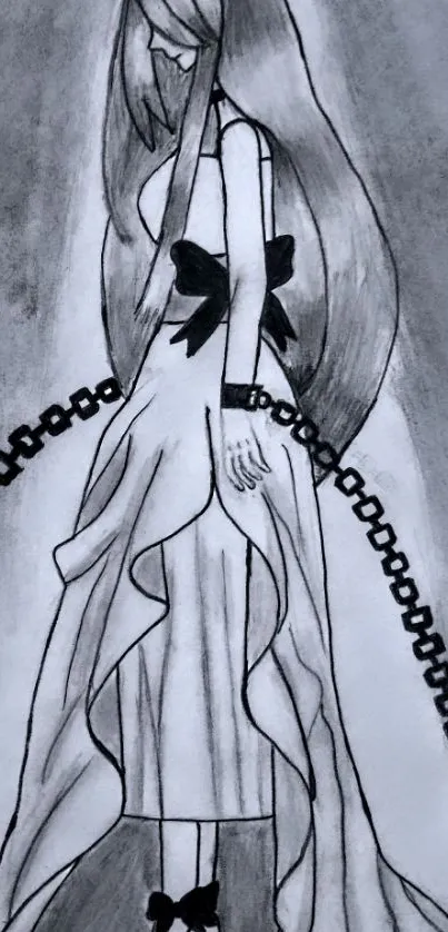 Monochrome anime character with flowing dress and chains in artistic style.