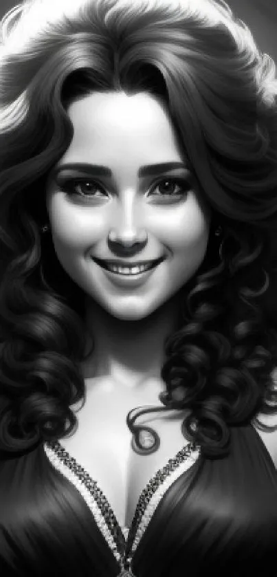 Monochrome art portrait of a woman with wavy hair, elegant and detailed.