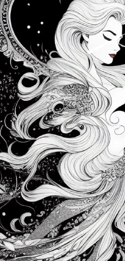 Elegant monochrome artwork of a mysterious woman with flowing hair.