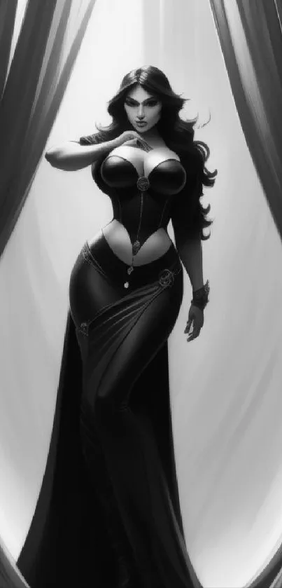 Monochrome art of an elegant woman in a black dress, evoking mystery and style.