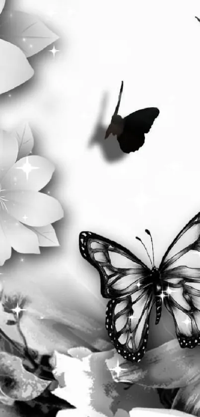 Monochrome butterfly and floral mobile wallpaper design.