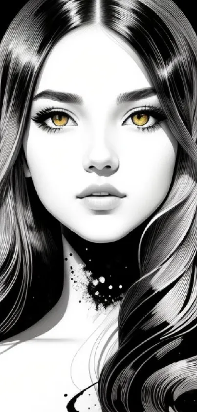 Artistic black and white illustration of a face with striking yellow eyes.