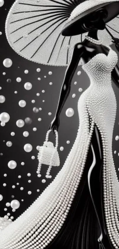Elegant lady silhouette with pearls in monochrome wallpaper.