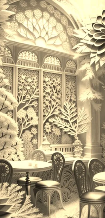 Elegant monochrome garden scene wallpaper for mobile with intricate floral design.