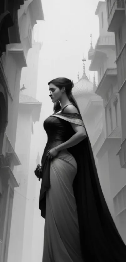 Monochrome image of a medieval lady in an elegant gown.