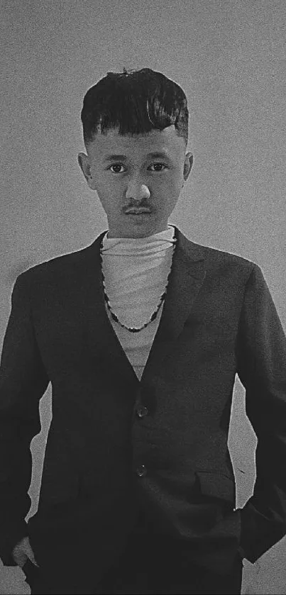 Monochrome portrait of a person in a suit, exuding elegance and style.